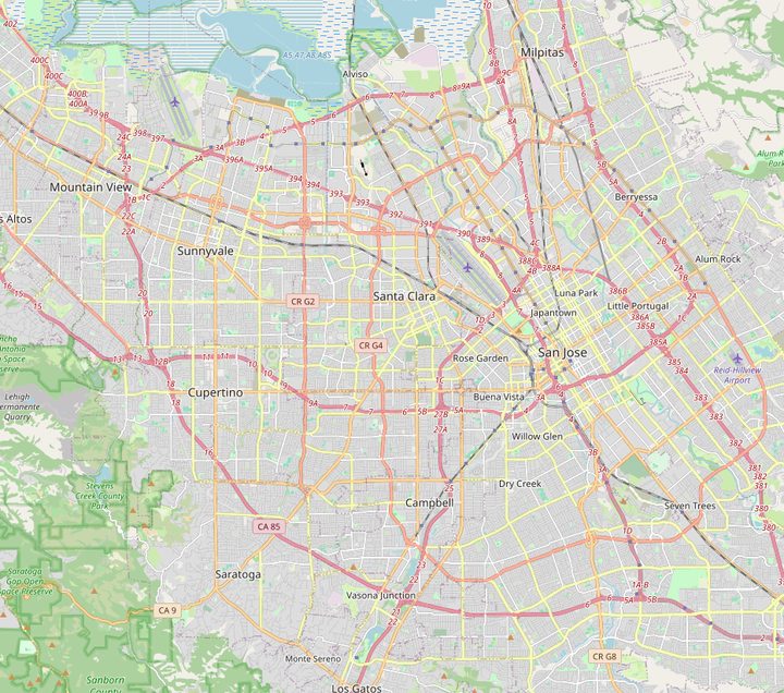 Map of the South Bay, from Mountain View and Milpitas down to Los Gatos